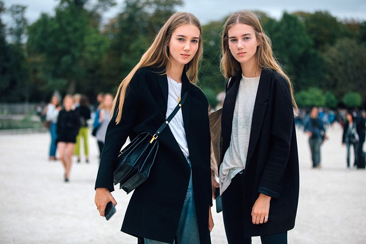 Twin Danish models Amalie Moosgaard and Cecilie Moosgaard at Paris Fashion Week in 2016.