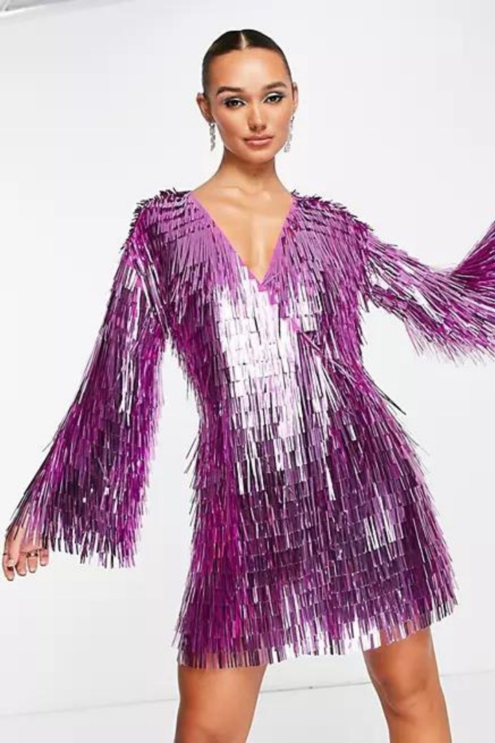 purple metallic fringe mini dress with sleeves