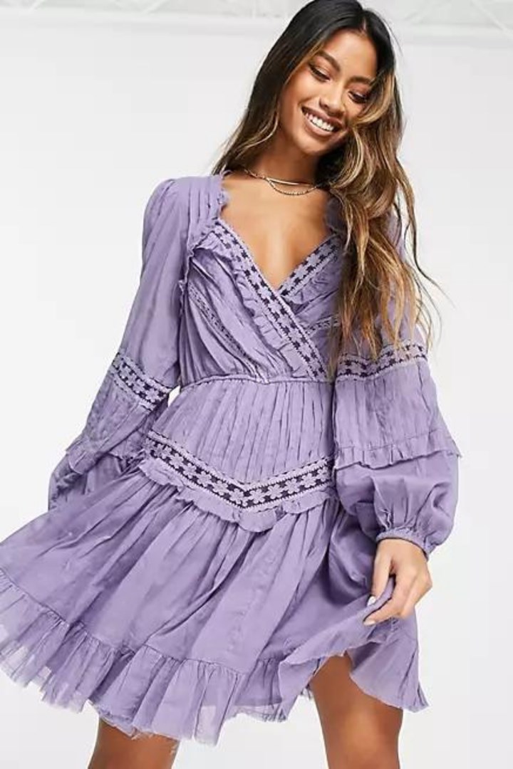 purple lace pintuck mini dress