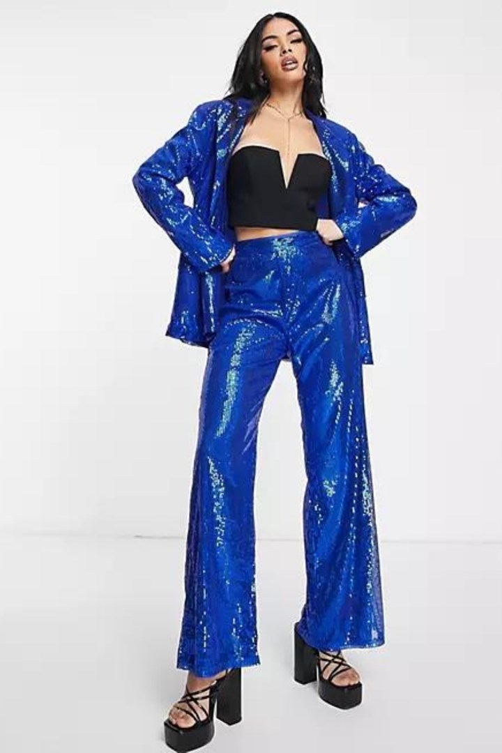 blue sequin pants and blazer eras tour outfit