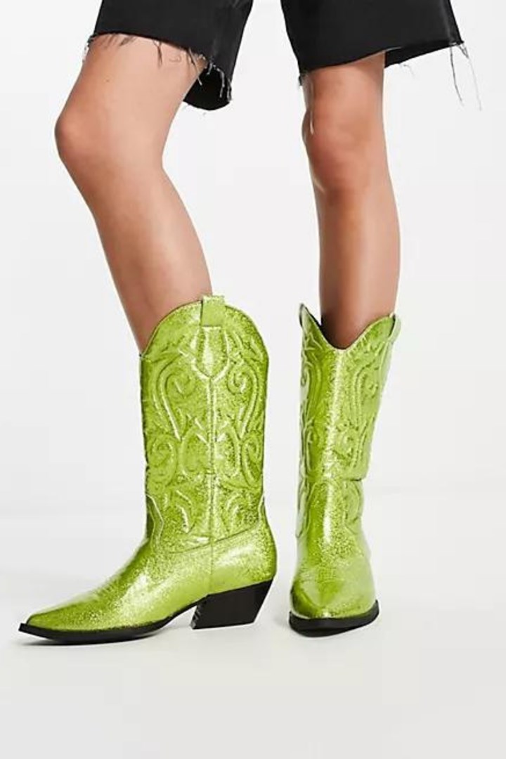 green glitter heeled cowboy boots