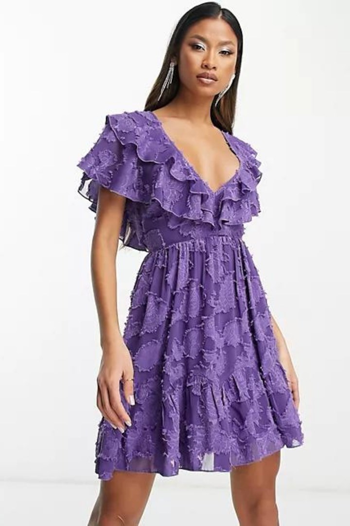 purple floral jacquard and ruffle mini dress