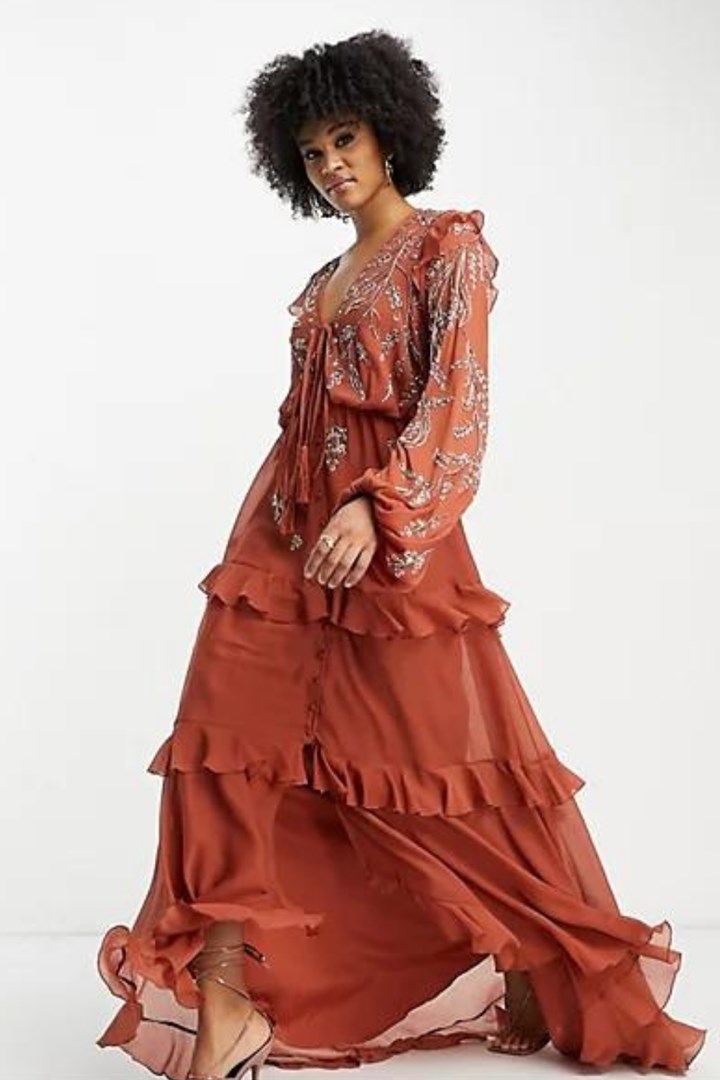 rust maxi dress floral embellishment taylor swift folklore dress