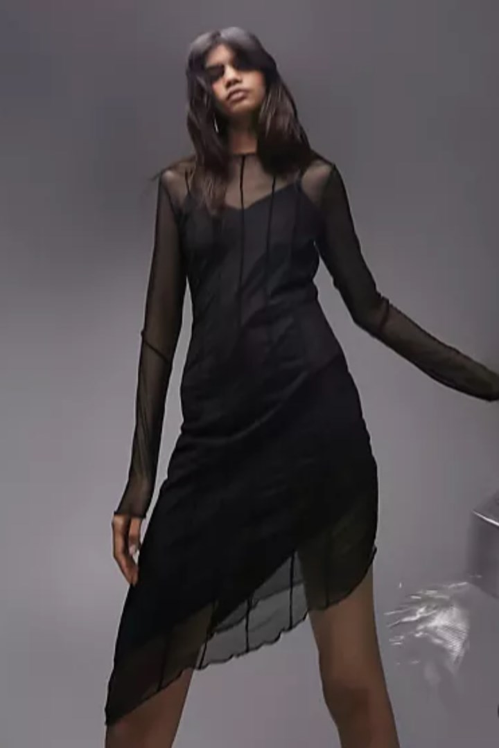 black asymmetrial mesh mini dress with slip insert