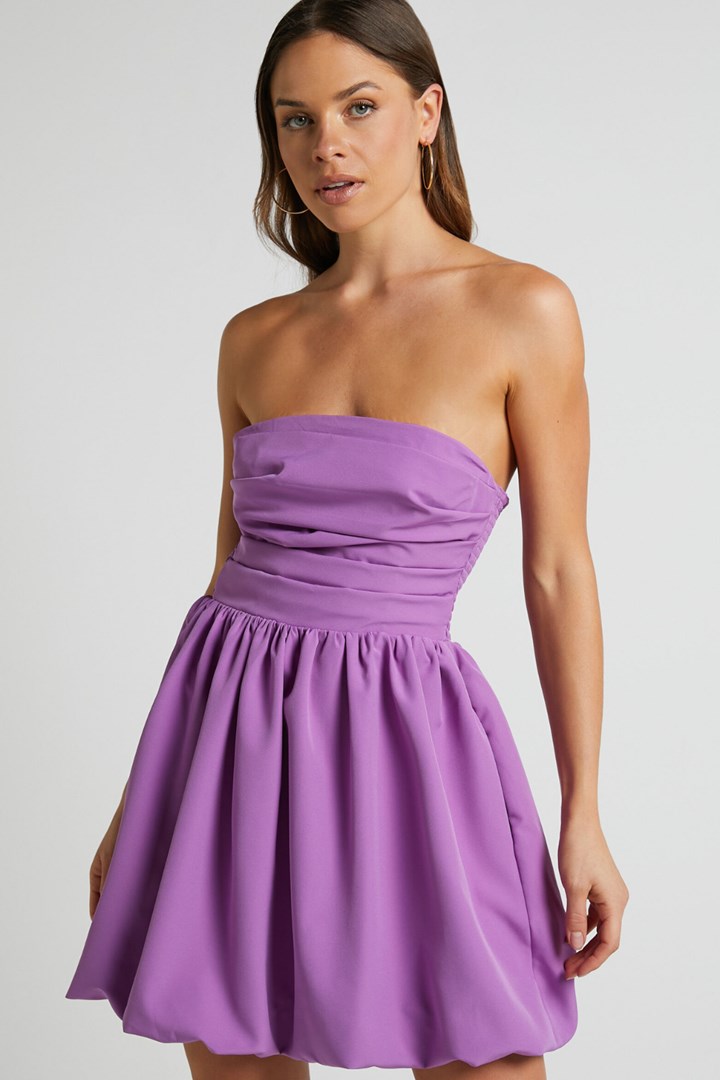 purple strapless mini dress