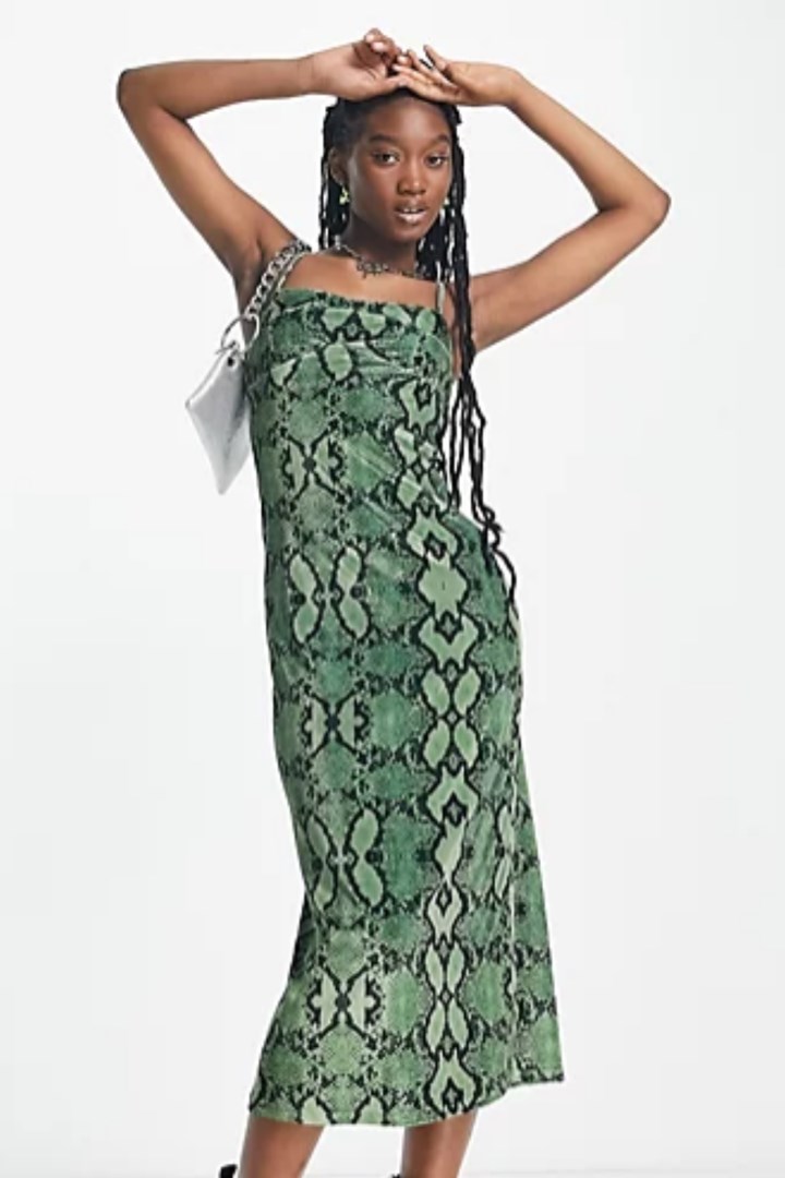 green snake print midi dress