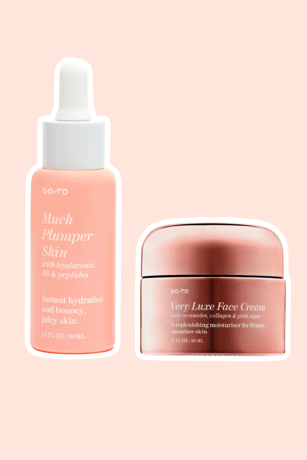 Go-To Skincared Pumped Up Skin set on a peach coloured background.