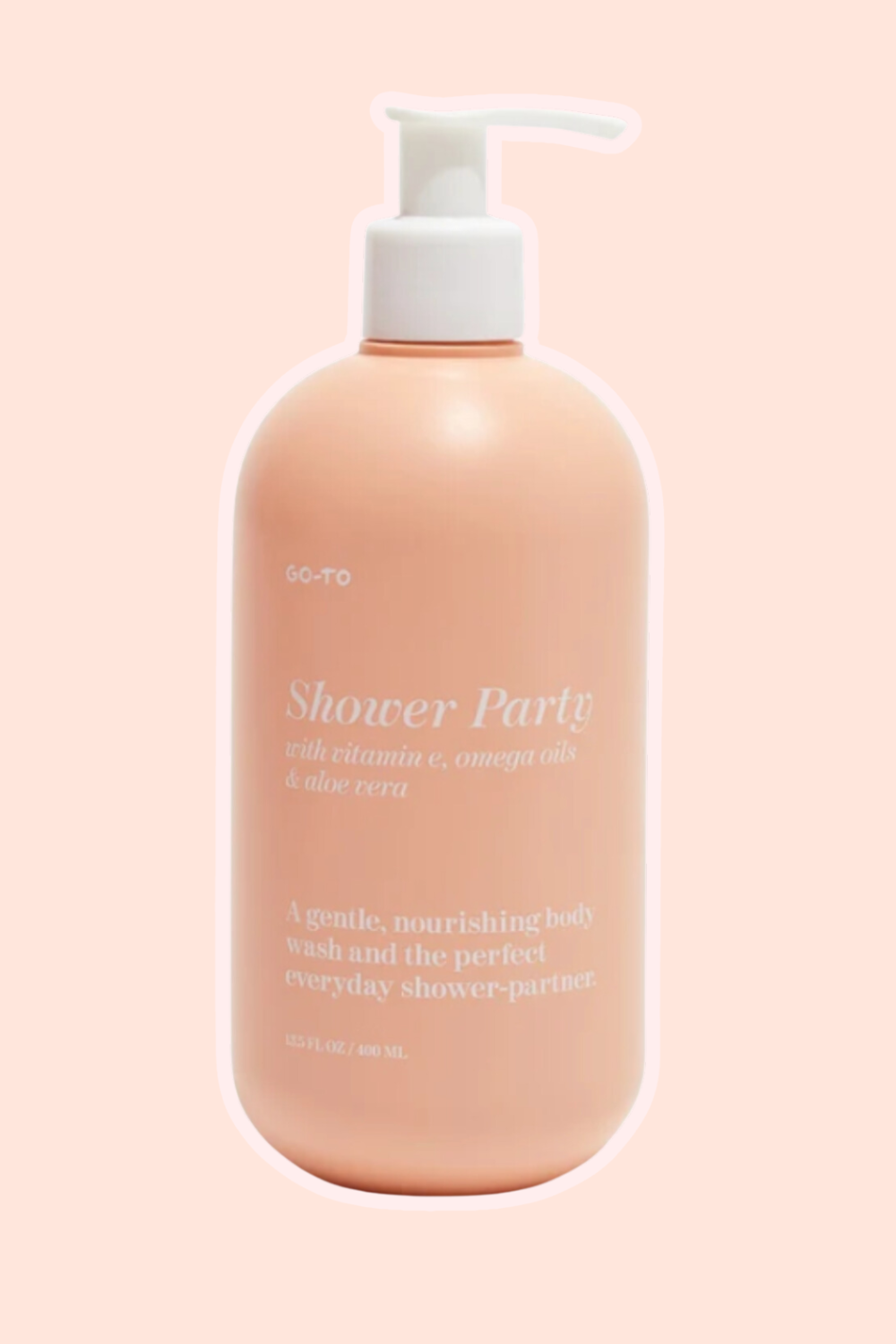 Go-To Skincare's Shower Party Shower Gel on a peach coloured background.
