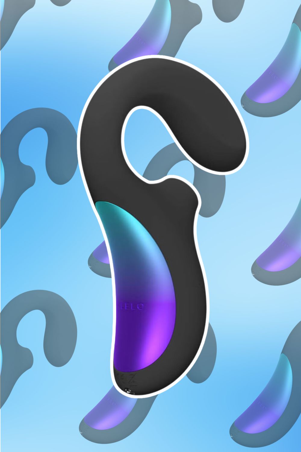 Black and purple curved ergonomic product with a blue background, featuring the brand name embossed.