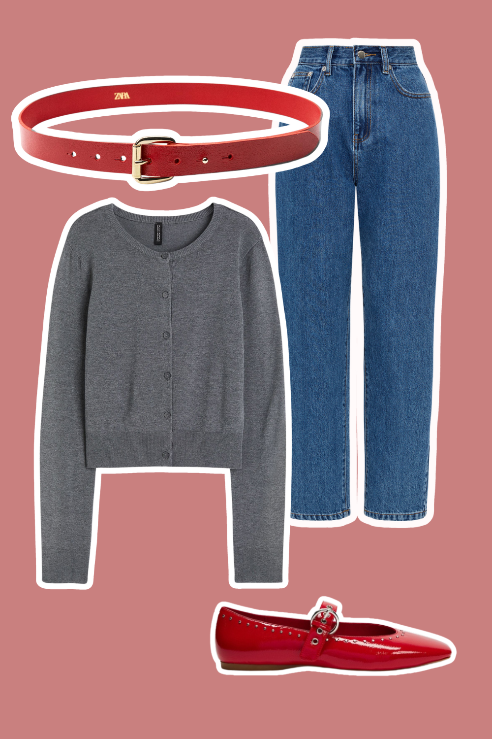 Jeans, cardigan, belt and shoe outfit